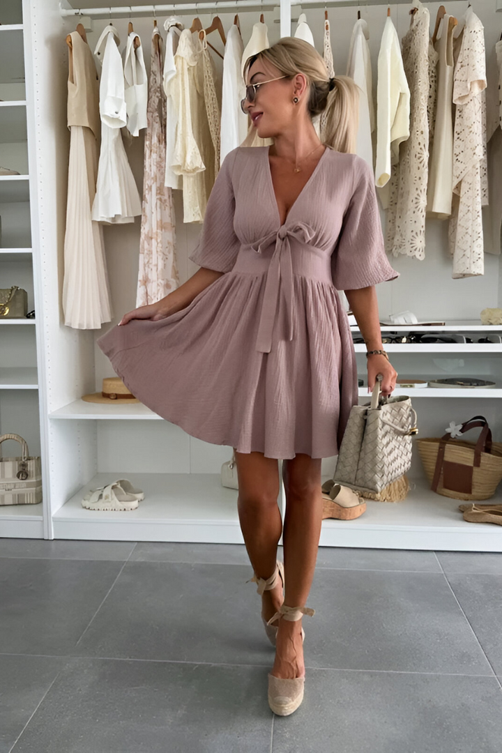 Liva™ |  Mauve Boho Strikjurkje met V-Hals
