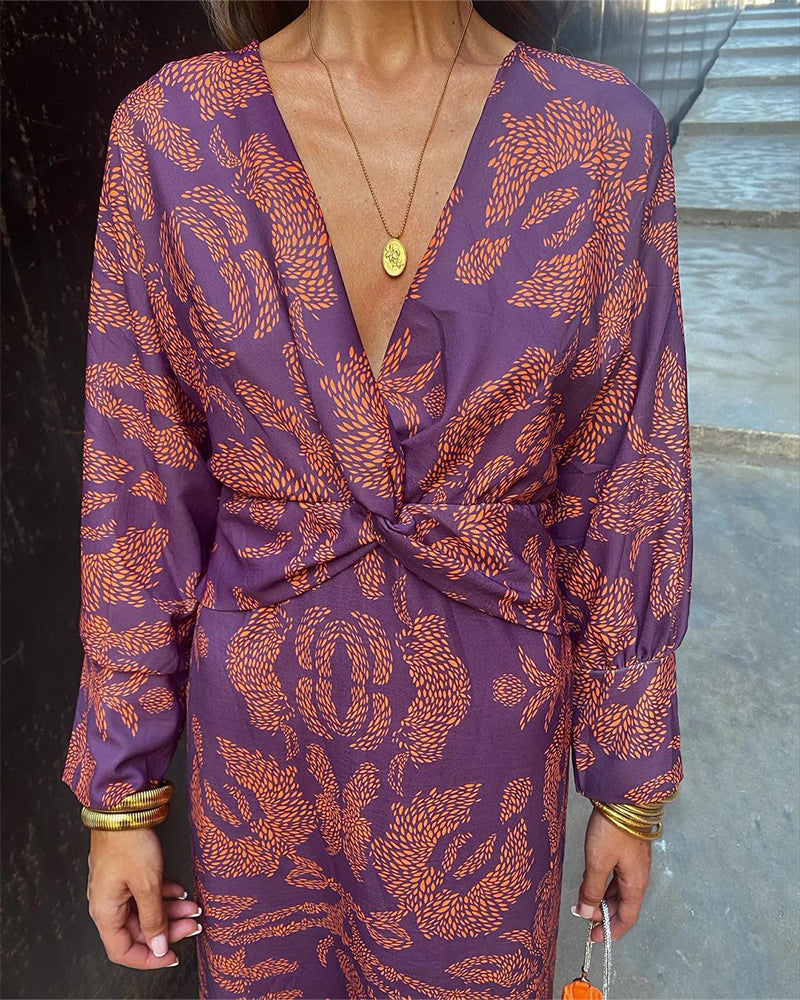 Roza - Vintage bedrukte V-hals elegante jurk met lange mouwen