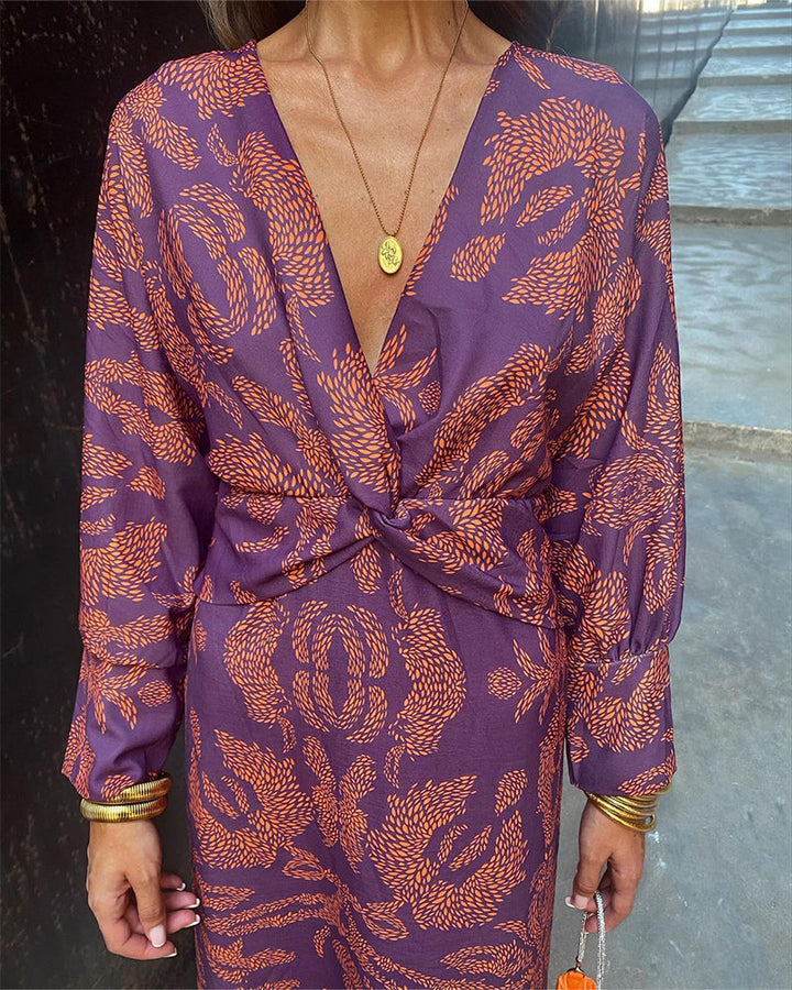 Roza - Vintage bedrukte V-hals elegante jurk met lange mouwen