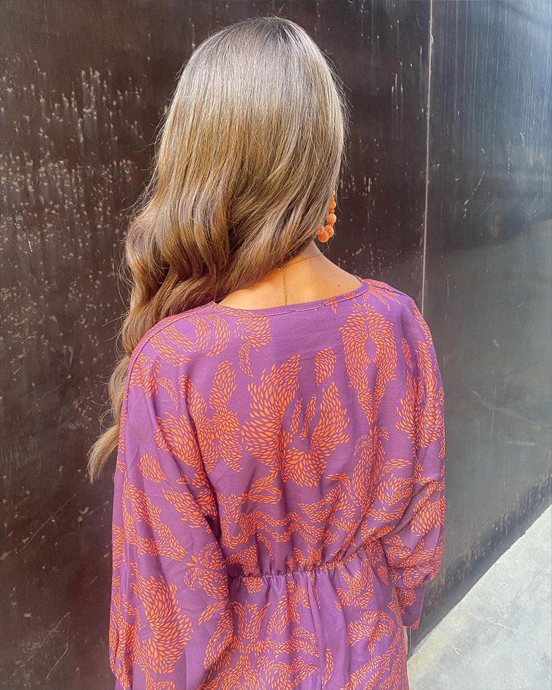 Roza - Vintage bedrukte V-hals elegante jurk met lange mouwen