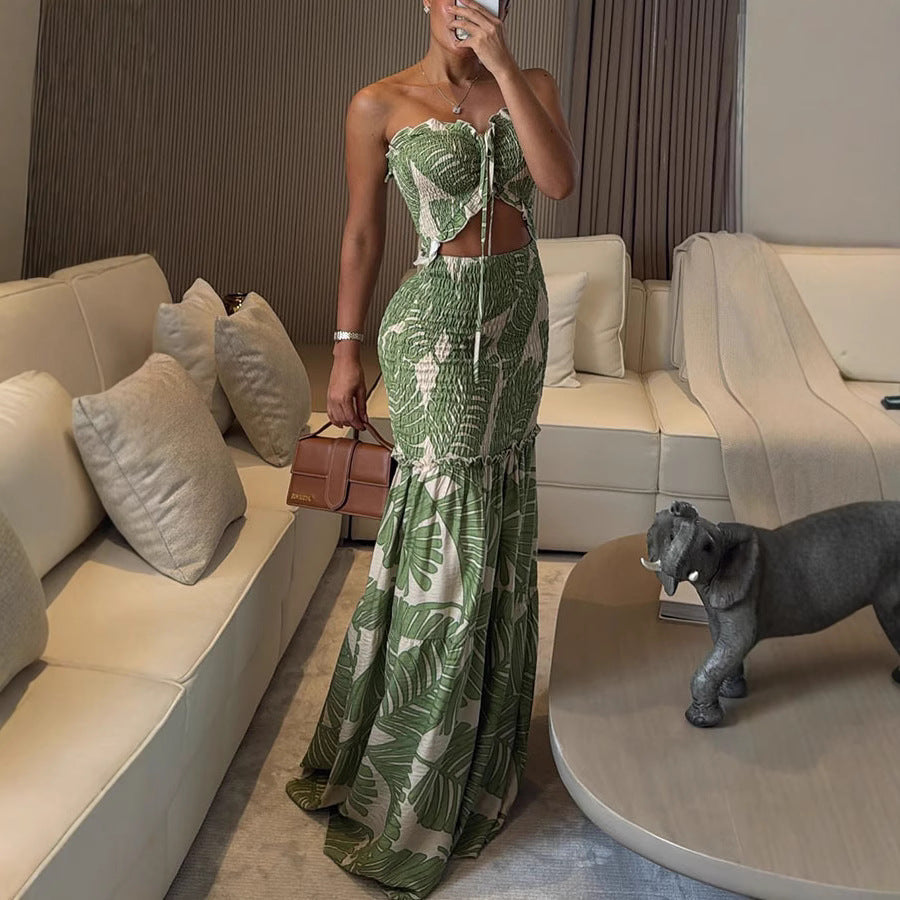 Lina™ | Strapless Maxi Jurk met Tropische Print