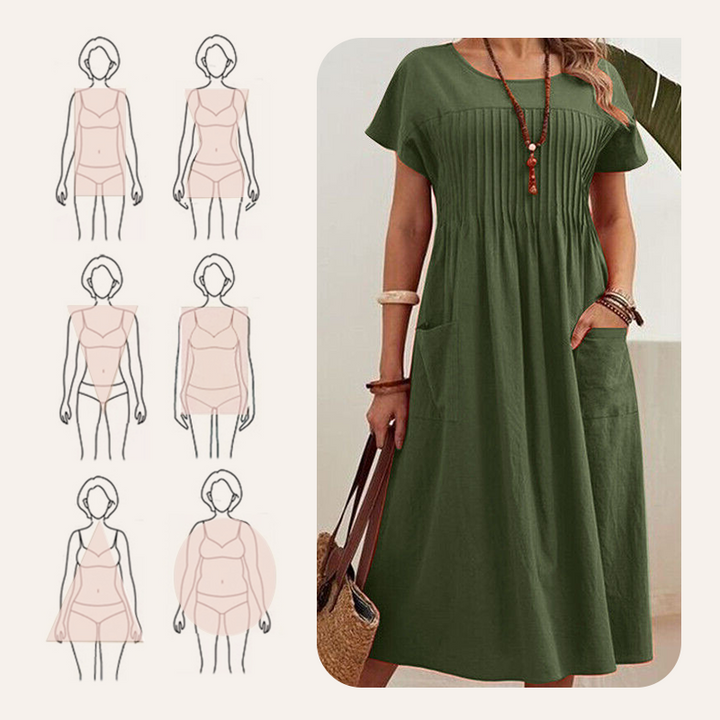Mona - 👗 Plissé jurk voor dames met korte mouwen en zakken💃katoen-linnenmix