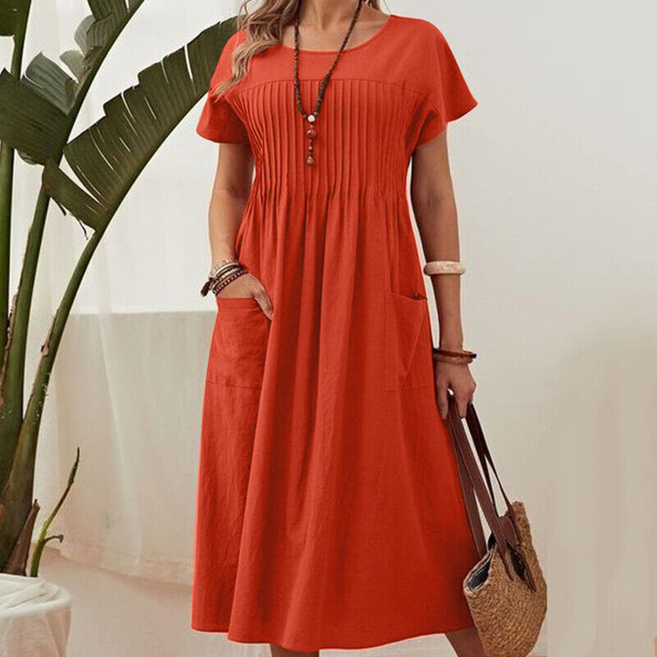 Mona - 👗 Plissé jurk voor dames met korte mouwen en zakken💃katoen-linnenmix