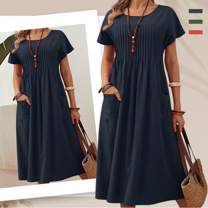 Mona - 👗 Plissé jurk voor dames met korte mouwen en zakken💃katoen-linnenmix