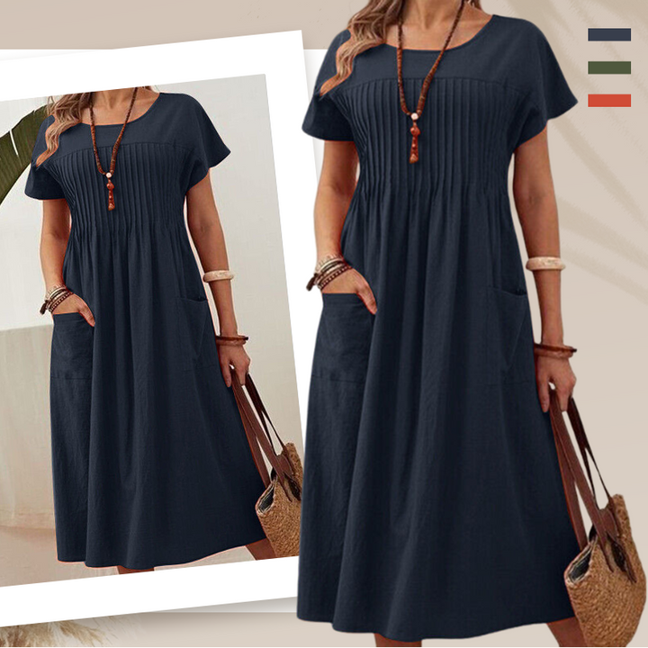 Mona - 👗 Plissé jurk voor dames met korte mouwen en zakken💃katoen-linnenmix