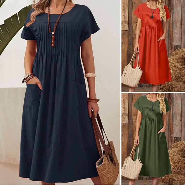 Mona - 👗 Plissé jurk voor dames met korte mouwen en zakken💃katoen-linnenmix