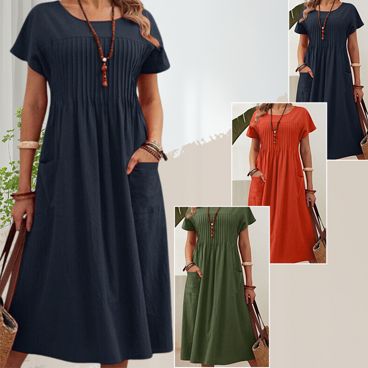 Mona - 👗 Plissé jurk voor dames met korte mouwen en zakken💃katoen-linnenmix