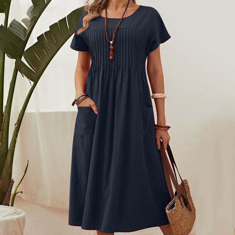 Mona - 👗 Plissé jurk voor dames met korte mouwen en zakken💃katoen-linnenmix