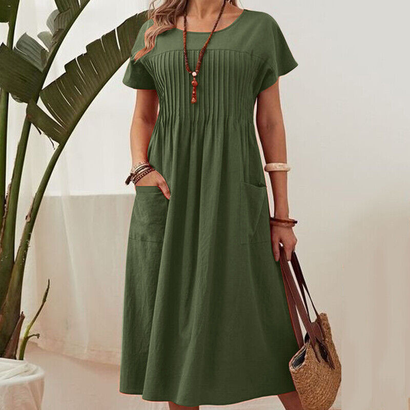 Mona - 👗 Plissé jurk voor dames met korte mouwen en zakken💃katoen-linnenmix
